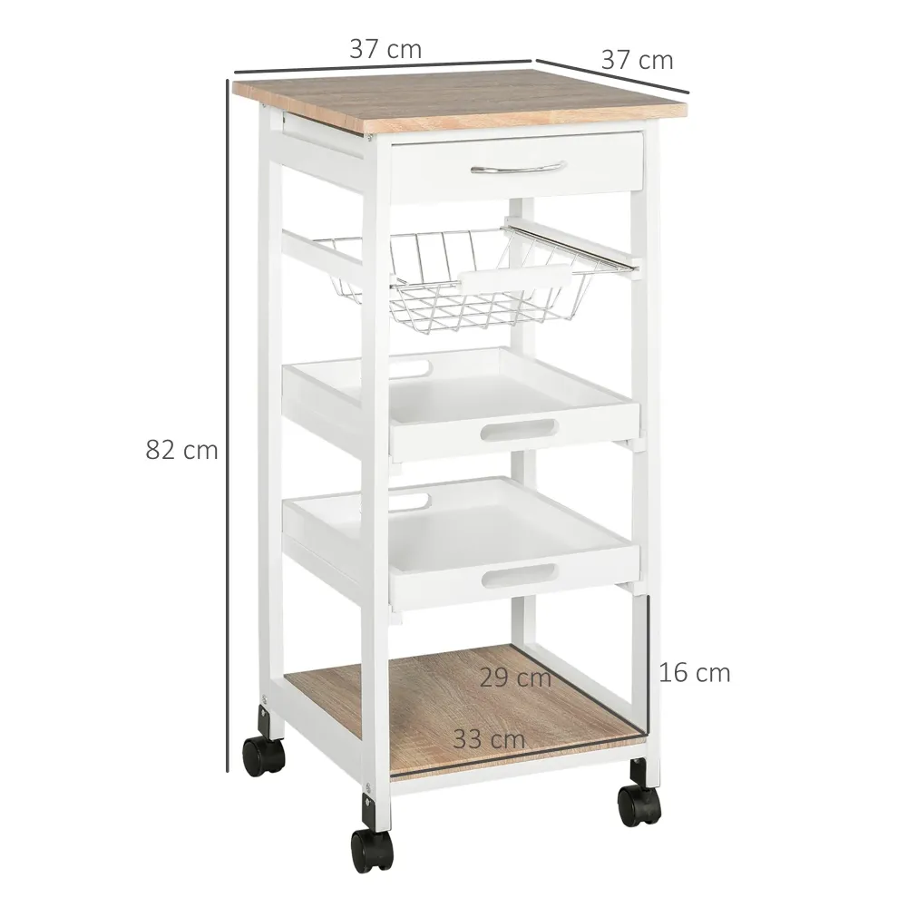 Easycomfort Carrello da Cucina Salvaspazio Legno di Pino e MDF, Carrello Portaoggetti con Cassetto, Cestello, 2 Vassoi e 4...
