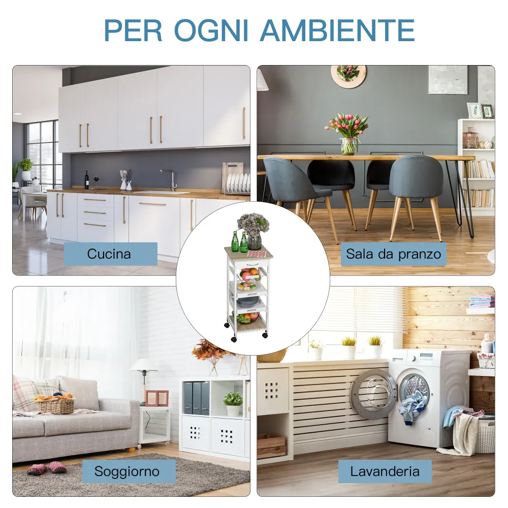 Easycomfort Carrello da Cucina Salvaspazio Legno di Pino e MDF, Carrello Portaoggetti con Cassetto, Cestello, 2 Vassoi e 4...