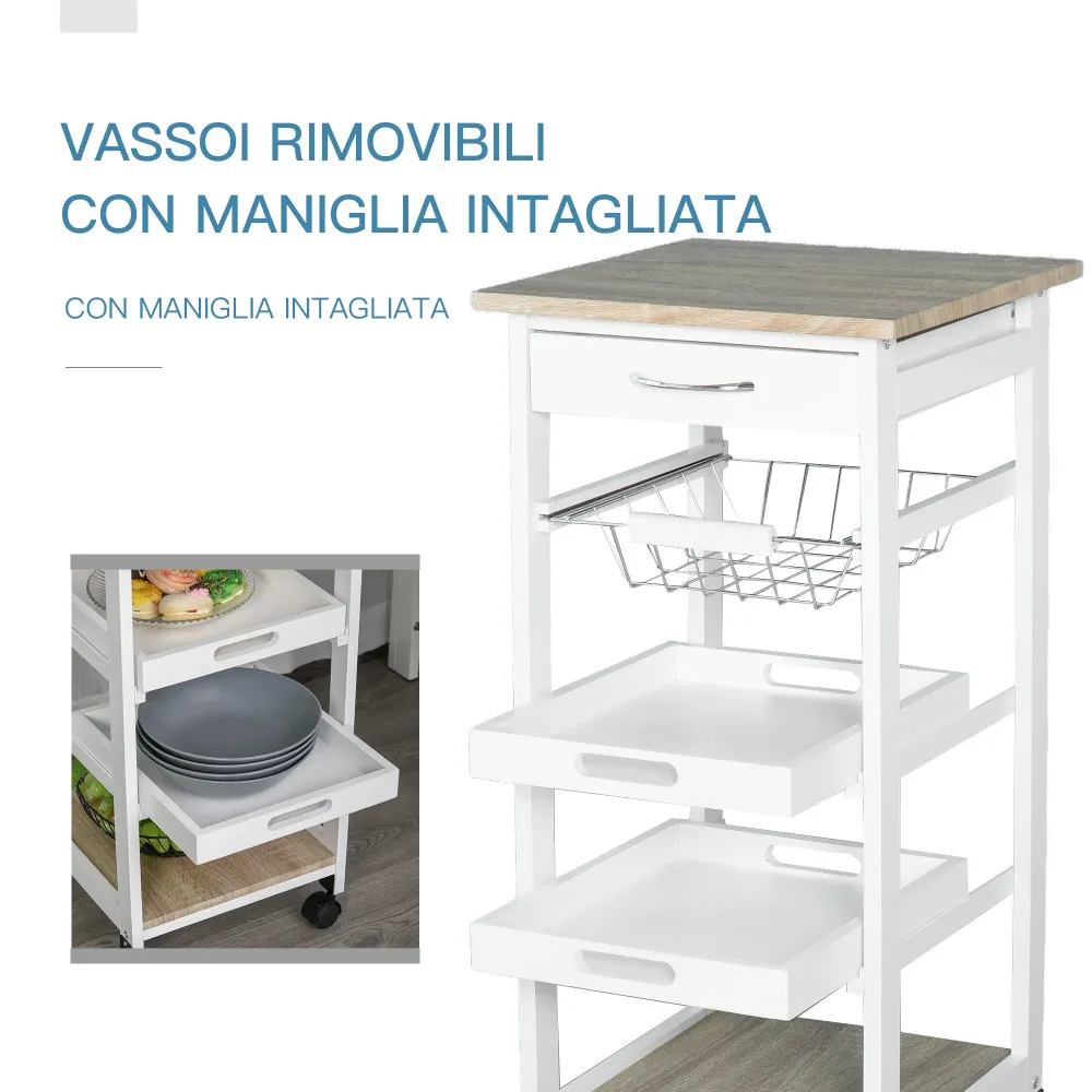 Easycomfort Carrello da Cucina Salvaspazio Legno di Pino e MDF, Carrello Portaoggetti con Cassetto, Cestello, 2 Vassoi e 4...