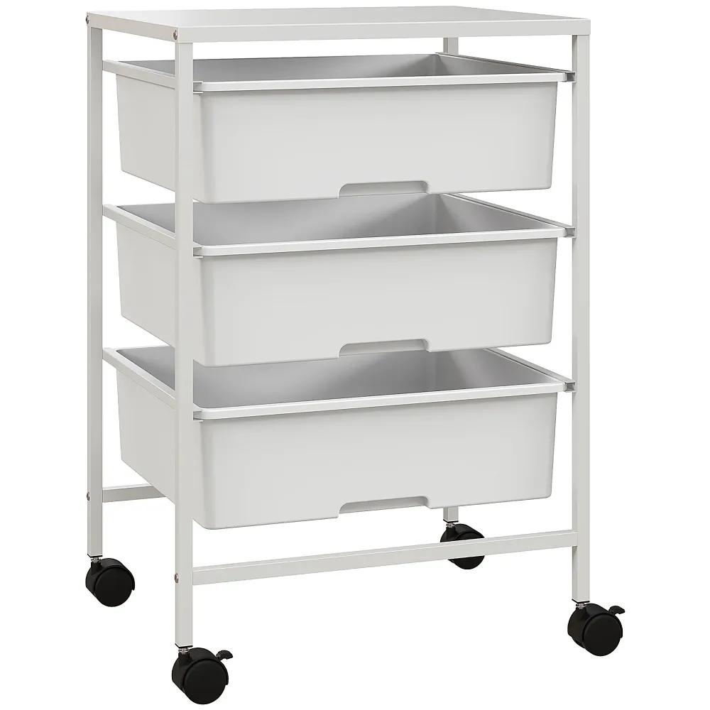 EasyComfort Carrello Multiuso con 3 Cestini Estraibili e Ruote per Cucina e Ufficio Acciaio e PP, Bianco