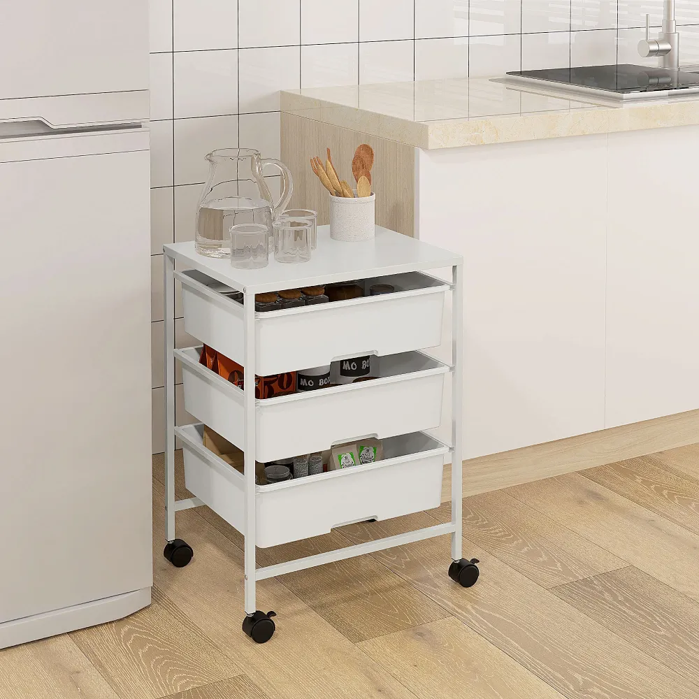 EasyComfort Carrello Multiuso con 3 Cestini Estraibili e Ruote per Cucina e Ufficio Acciaio e PP, Bianco