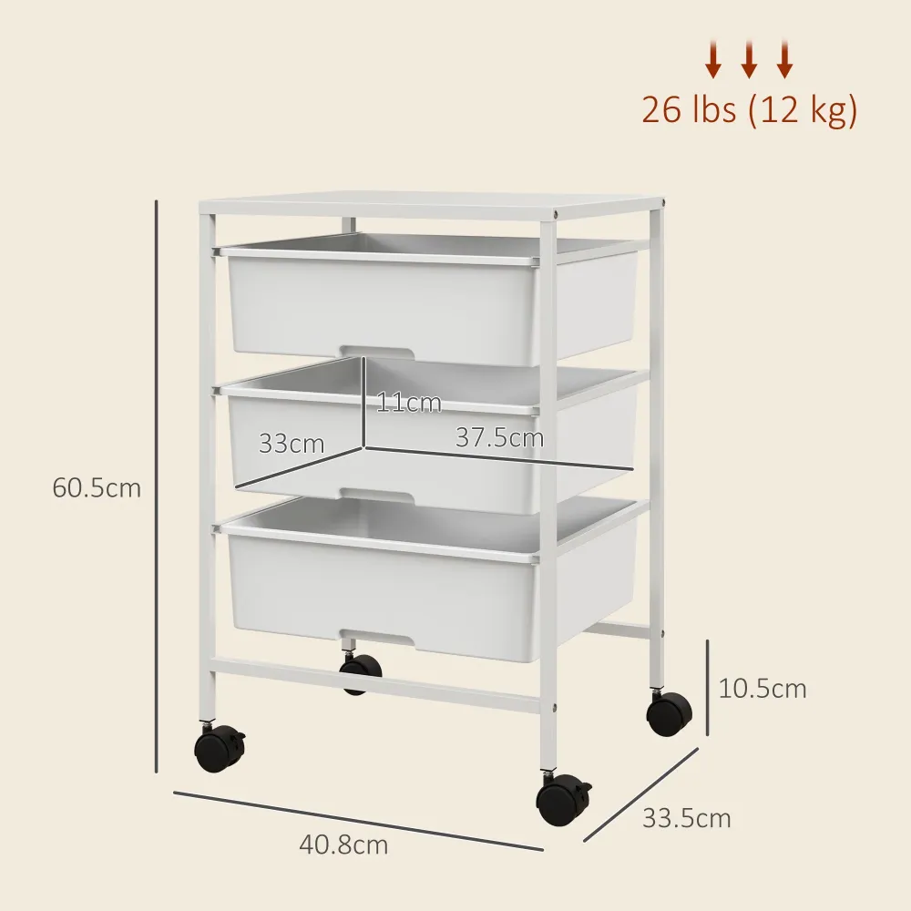 EasyComfort Carrello Multiuso con 3 Cestini Estraibili e Ruote per Cucina e Ufficio Acciaio e PP, Bianco