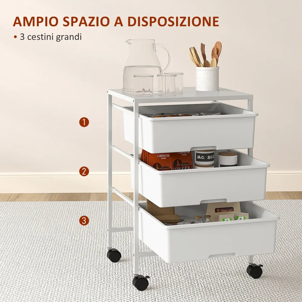 EasyComfort Carrello Multiuso con 3 Cestini Estraibili e Ruote per Cucina e Ufficio Acciaio e PP, Bianco