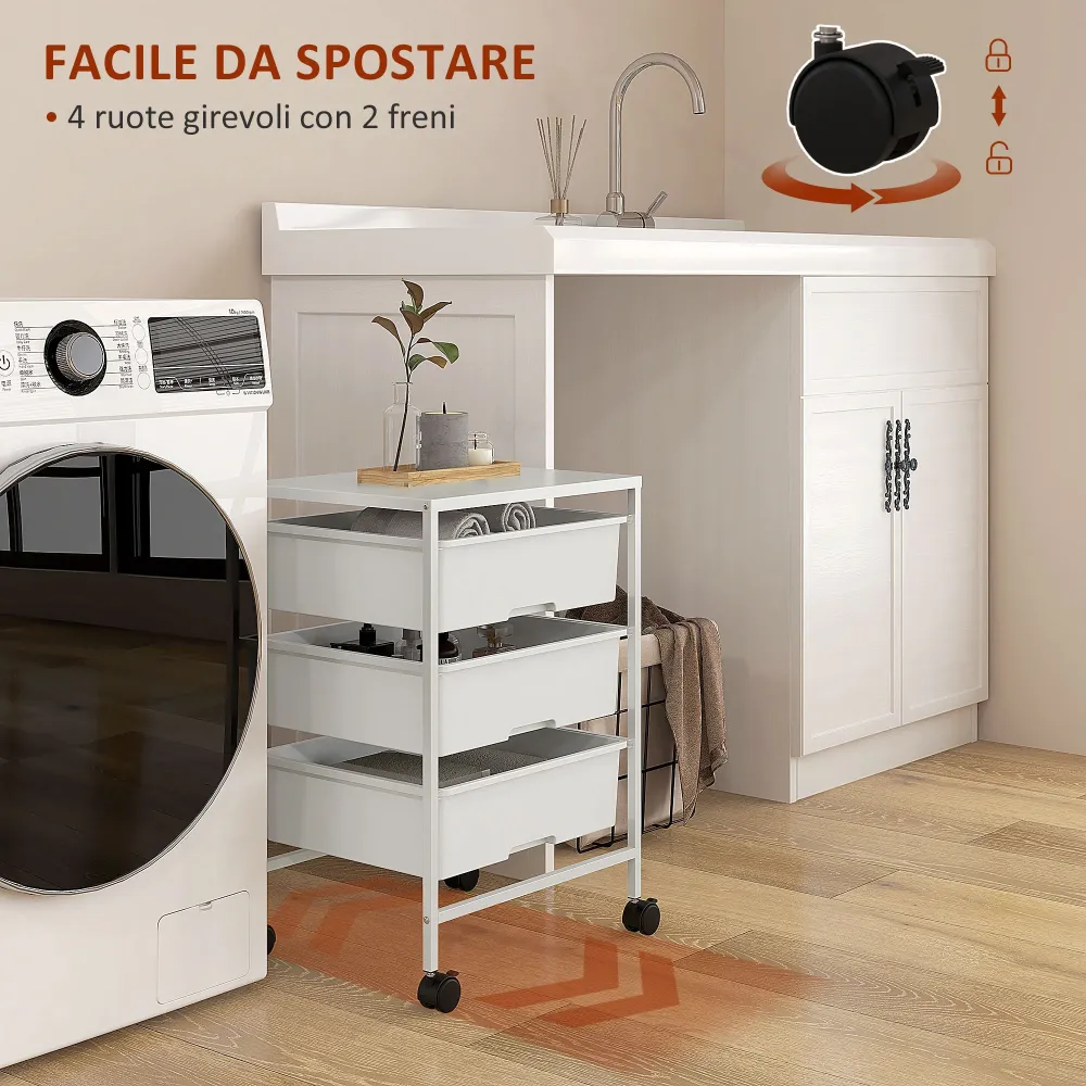 EasyComfort Carrello Multiuso con 3 Cestini Estraibili e Ruote per Cucina e Ufficio Acciaio e PP, Bianco