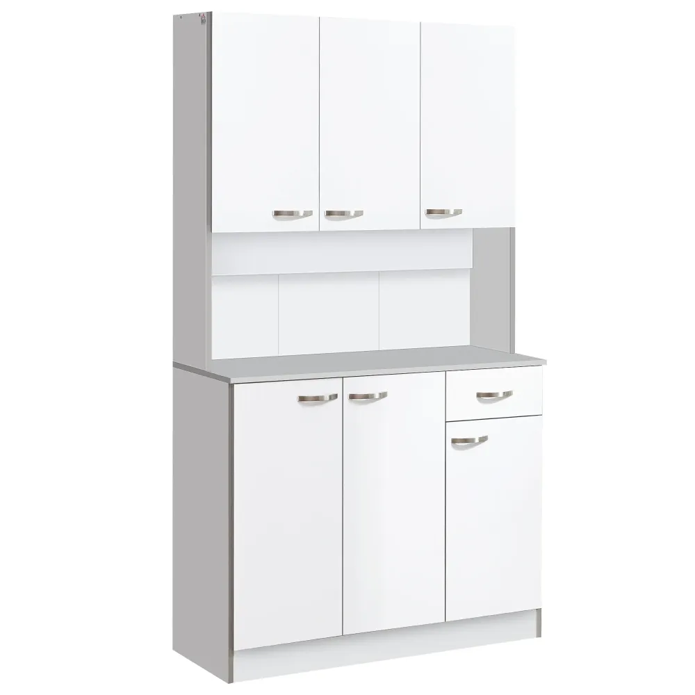 Easycomfort Credenza Alta da Cucina con Cassetti e Armadietti, Legno, 101x39x180 cm, Bianco e Grigio