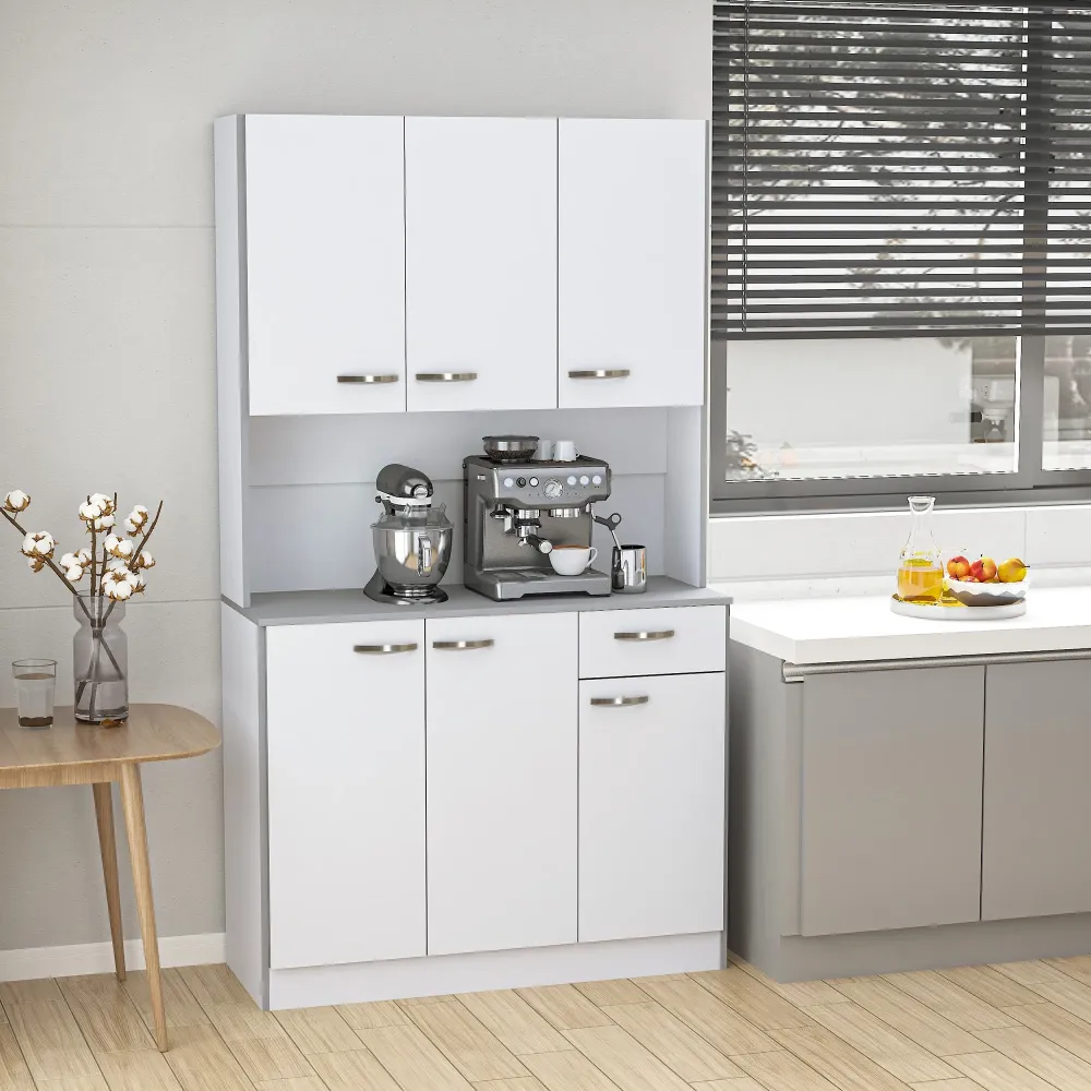 Easycomfort Credenza Alta da Cucina con Cassetti e Armadietti, Legno, 101x39x180 cm, Bianco e Grigio
