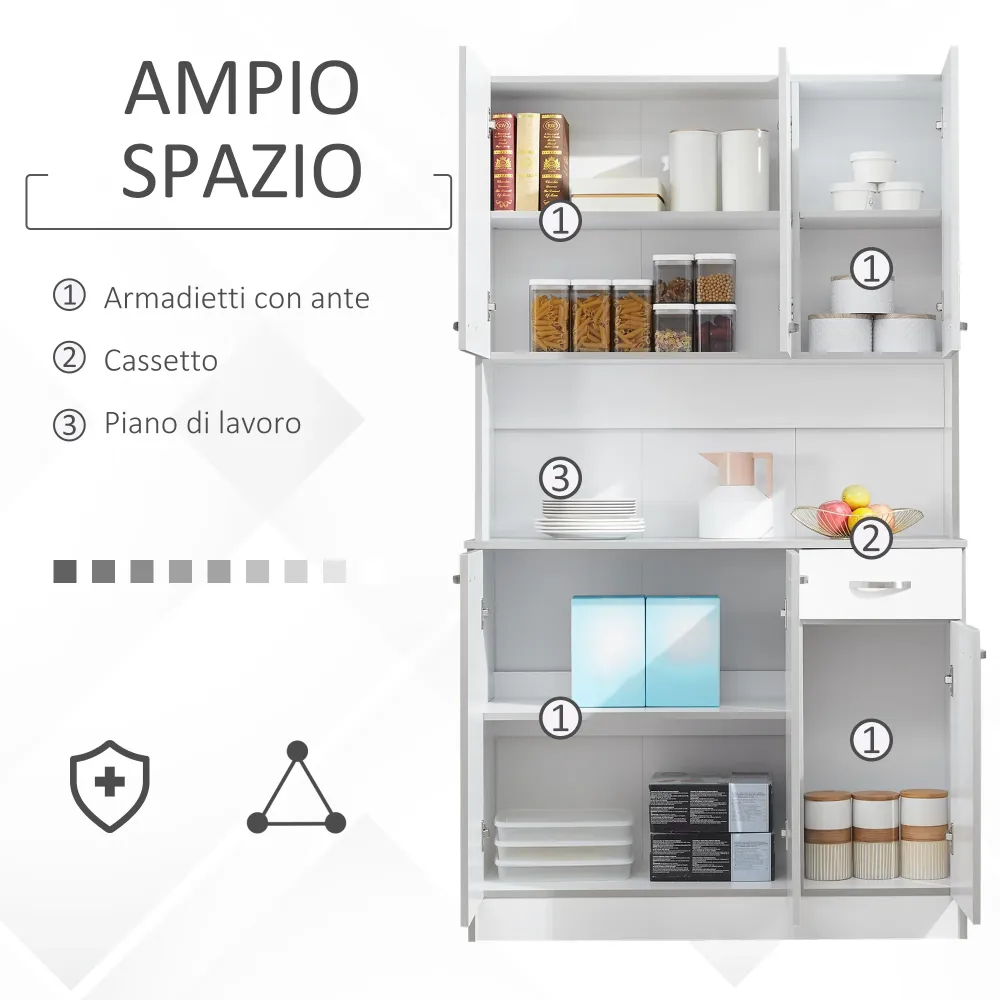 Easycomfort Credenza Alta da Cucina con Cassetti e Armadietti, Legno, 101x39x180 cm, Bianco e Grigio