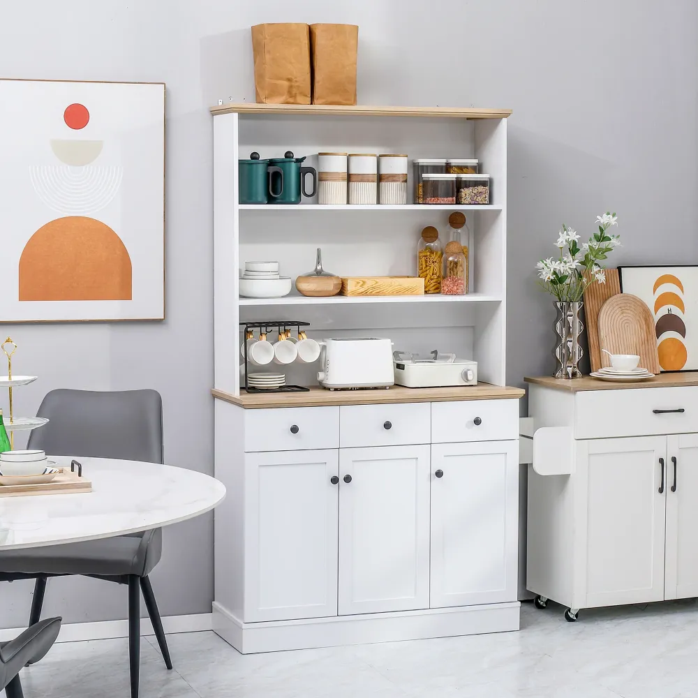 EASYCOMFORT Credenza da Cucina Legno Bianco con 3 Ripiani, 3 Cassetti e 2 Armadietti 101x39x180.5 cm
