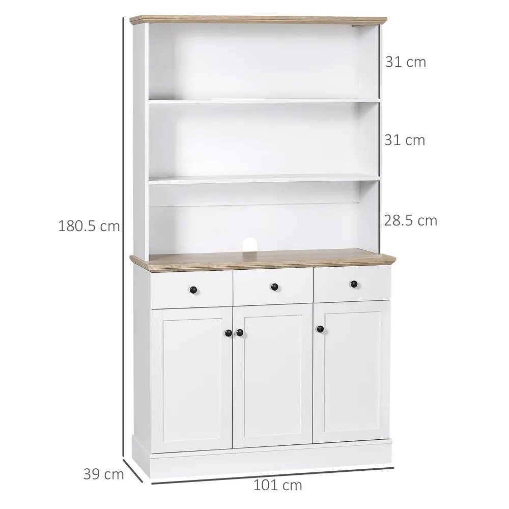 EASYCOMFORT Credenza da Cucina Legno Bianco con 3 Ripiani, 3 Cassetti e 2 Armadietti 101x39x180.5 cm