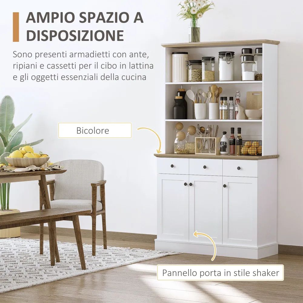 EASYCOMFORT Credenza da Cucina Legno Bianco con 3 Ripiani, 3 Cassetti e 2 Armadietti 101x39x180.5 cm
