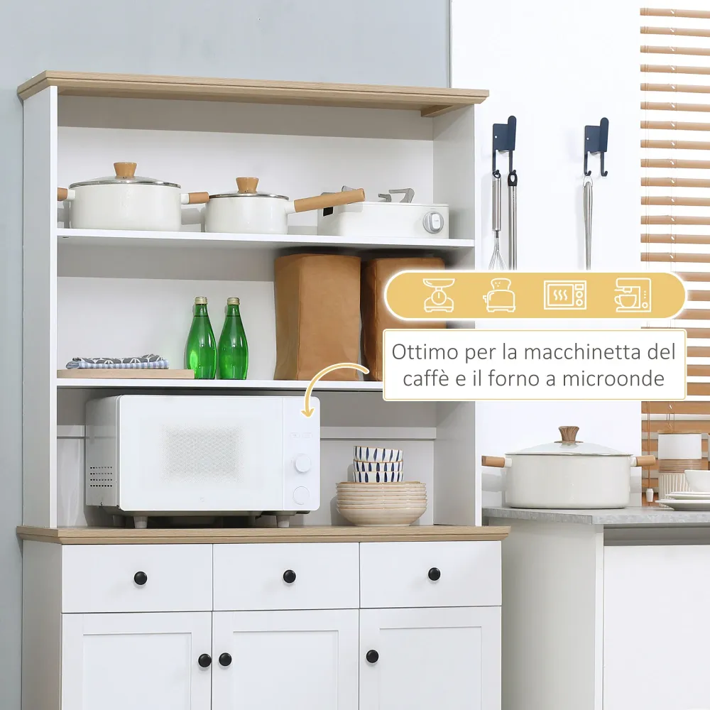 EASYCOMFORT Credenza da Cucina Legno Bianco con 3 Ripiani, 3 Cassetti e 2 Armadietti 101x39x180.5 cm