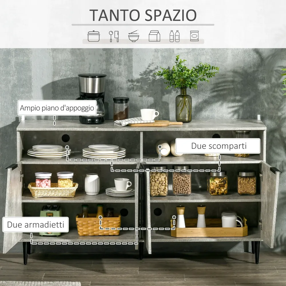 EasyComfort Credenza Moderna con Armadietti 2 Ante e Mensole Regolabili 147x40x83cm, Effetto Marmo Grigio