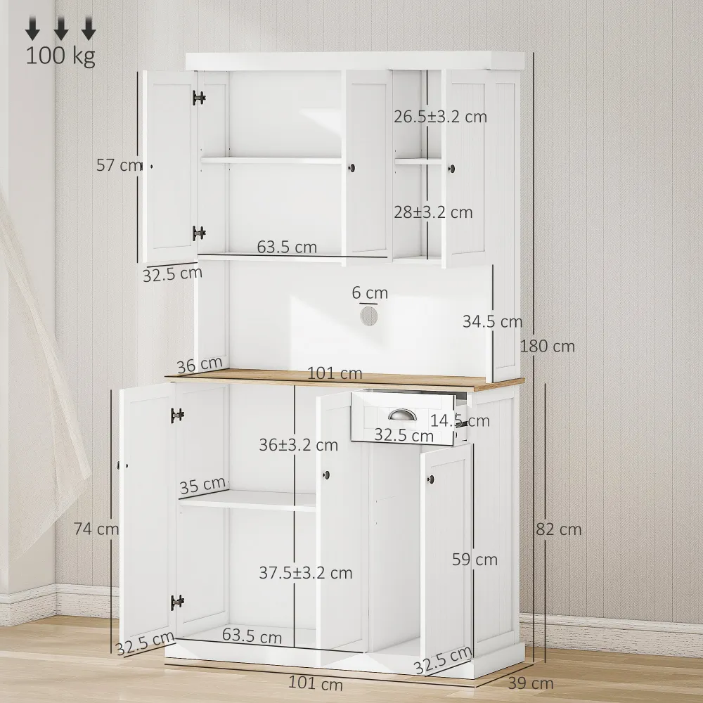 EasyComfort Mobile Dispensa Cucina Legno con Armadietti e Cassetto Stile Country, 101x39x180cm, Bianco