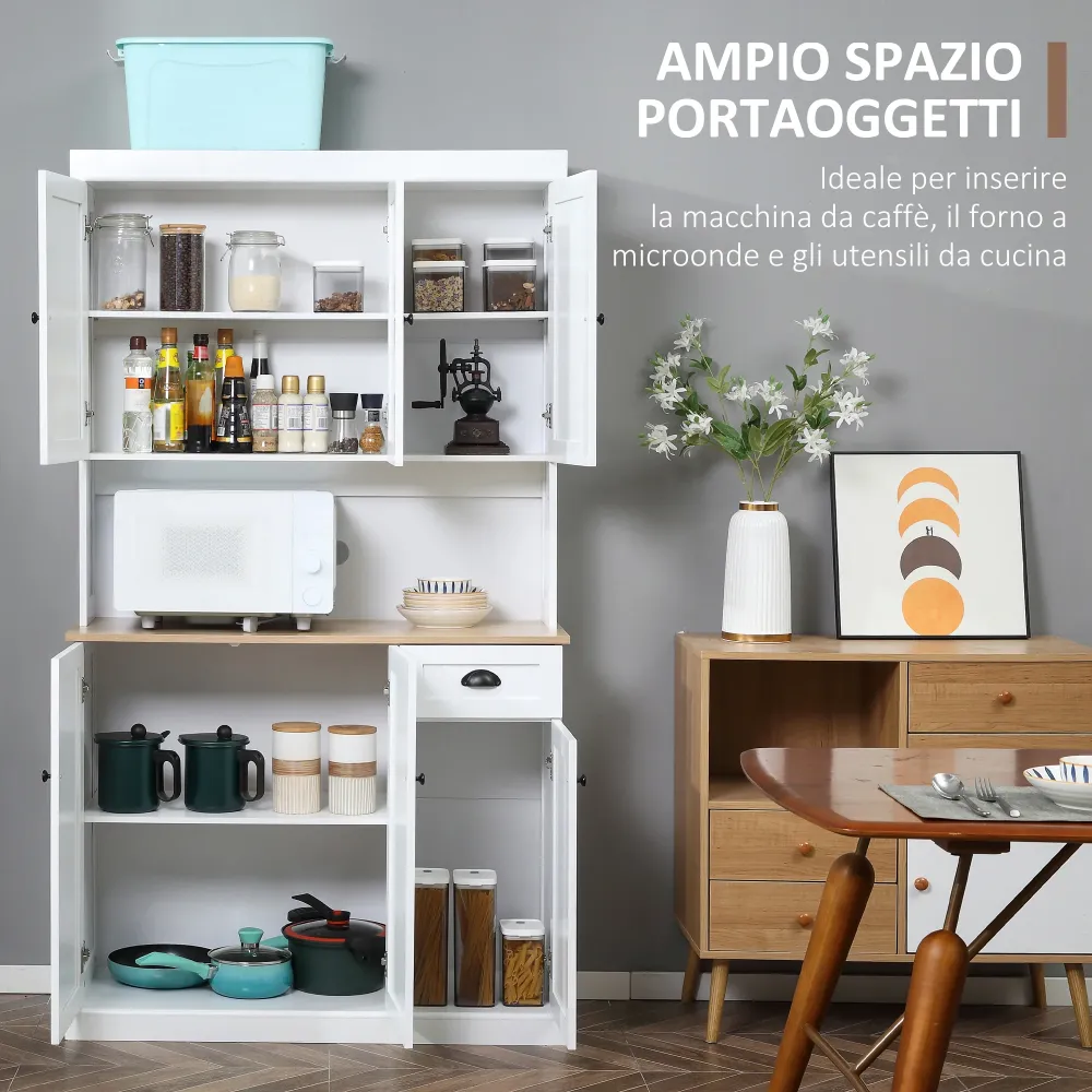 EasyComfort Mobile Dispensa Cucina Legno con Armadietti e Cassetto Stile Country, 101x39x180cm, Bianco