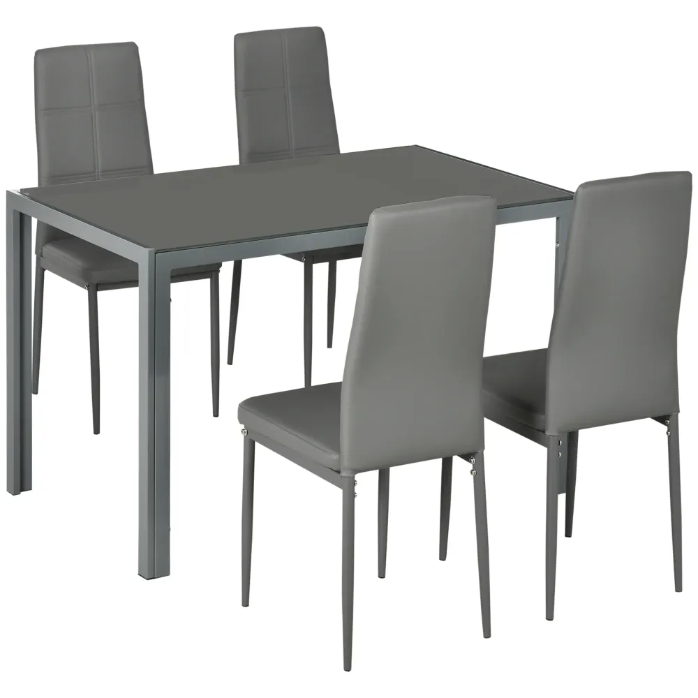 Easycomfort Set da Pranzo 5 Pezzi con 1 Tavolo da Pranzo e 4 Sedie Moderne Similpelle, Metallo e Vetro Temperato, Grigio