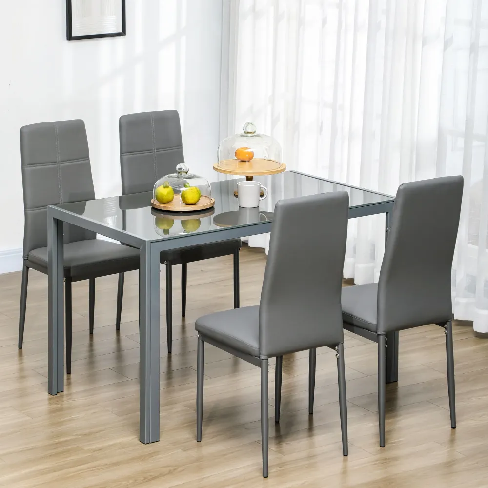 Easycomfort Set da Pranzo 5 Pezzi con 1 Tavolo da Pranzo e 4 Sedie Moderne Similpelle, Metallo e Vetro Temperato, Grigio
