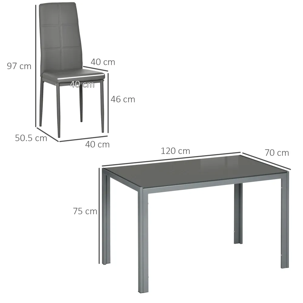Easycomfort Set da Pranzo 5 Pezzi con 1 Tavolo da Pranzo e 4 Sedie Moderne Similpelle, Metallo e Vetro Temperato, Grigio