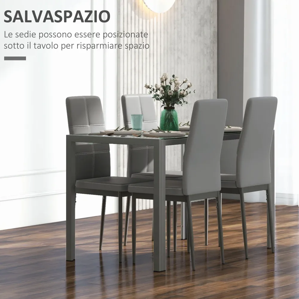 Easycomfort Set da Pranzo 5 Pezzi con 1 Tavolo da Pranzo e 4 Sedie Moderne Similpelle, Metallo e Vetro Temperato, Grigio