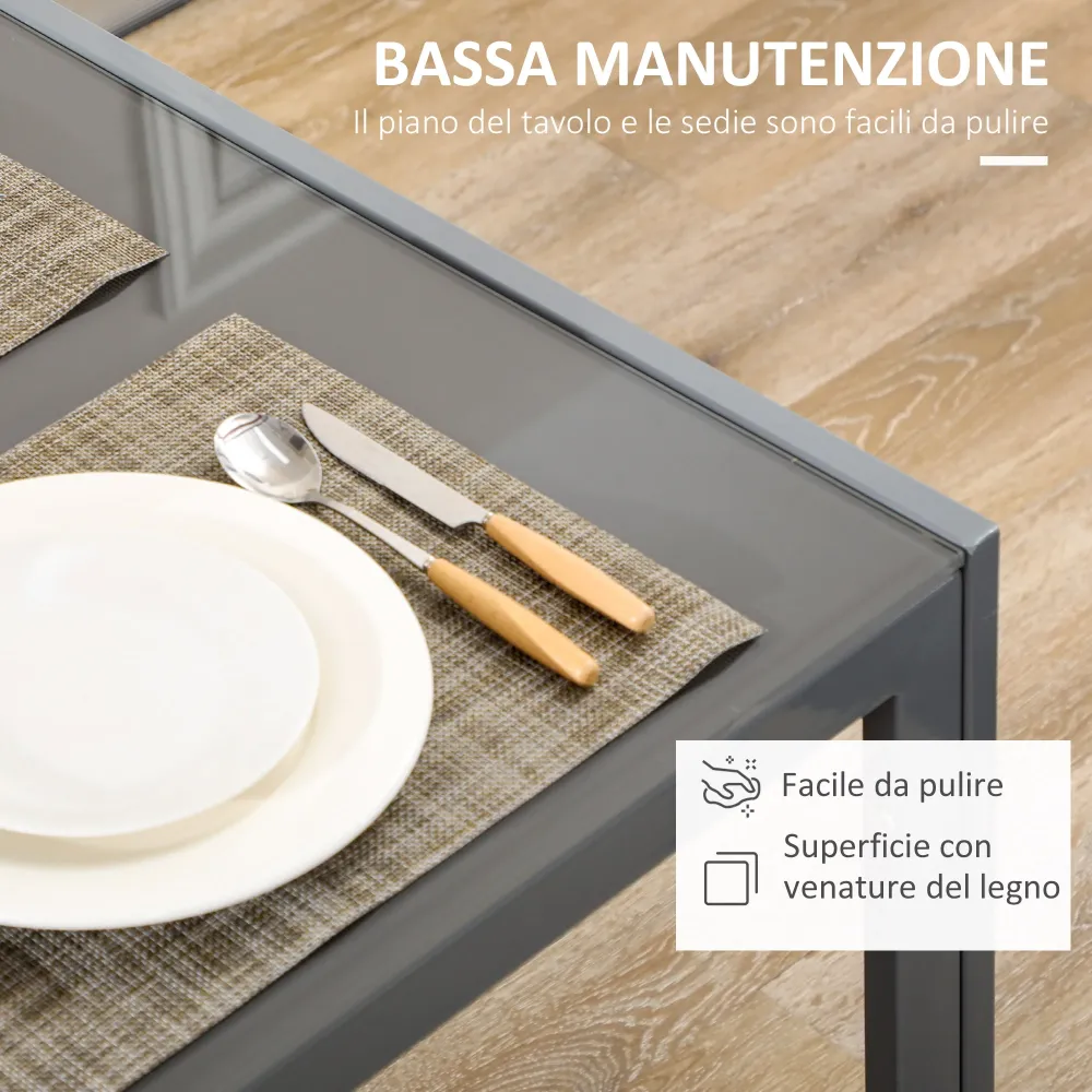 Easycomfort Set da Pranzo 5 Pezzi con 1 Tavolo da Pranzo e 4 Sedie Moderne Similpelle, Metallo e Vetro Temperato, Grigio