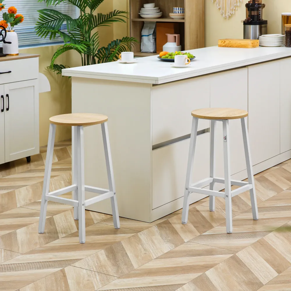 Easycomfort Set 2 Sgabelli da Cucina Truciolato e Acciaio con Piano Liscio e Poggiapiedi, 32.5x32.5x65 cm, Bianco e Legno