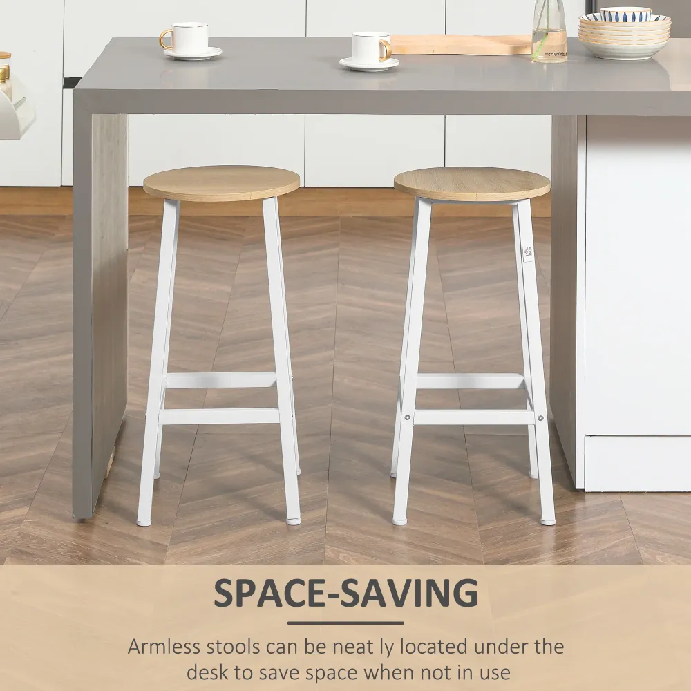 Easycomfort Set 2 Sgabelli da Cucina Truciolato e Acciaio con Piano Liscio e Poggiapiedi, 32.5x32.5x65 cm, Bianco e Legno