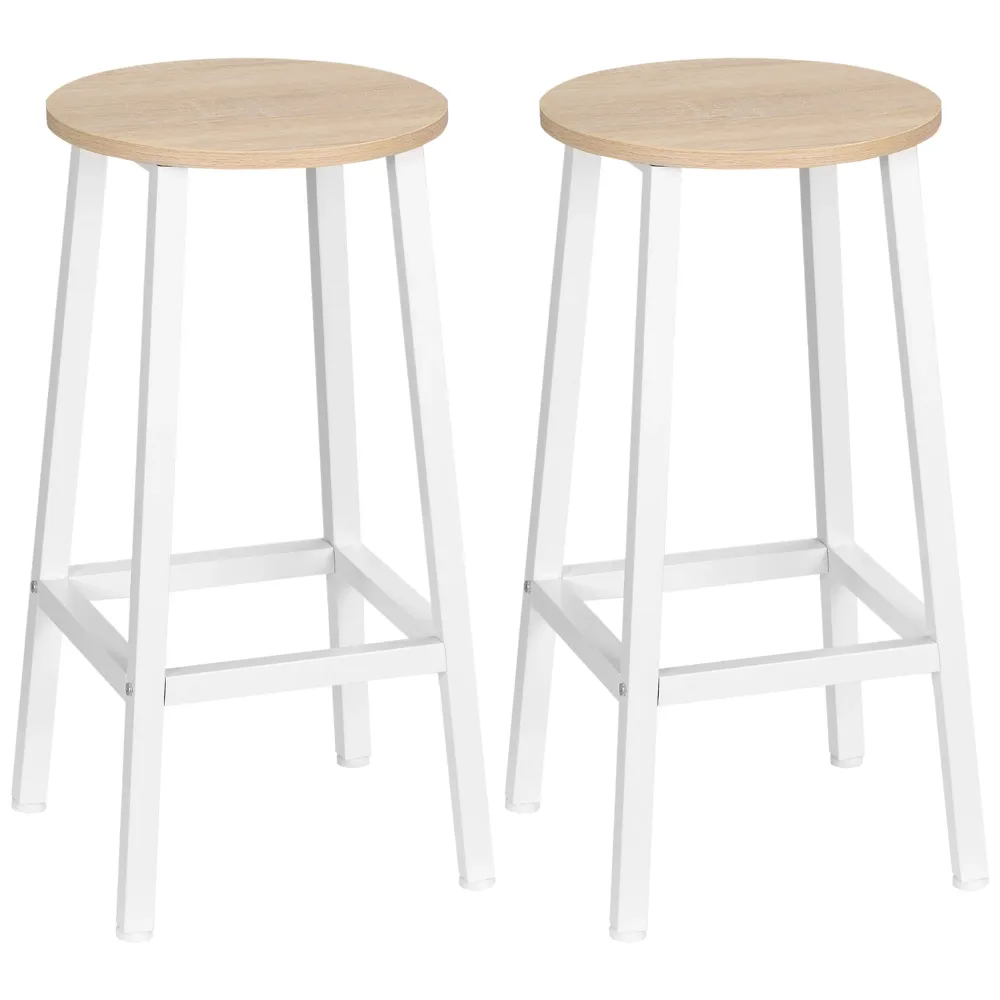 Easycomfort Set 2 Sgabelli da Cucina Truciolato e Acciaio con Piano Liscio e Poggiapiedi, 32.5x32.5x65 cm, Bianco e Legno