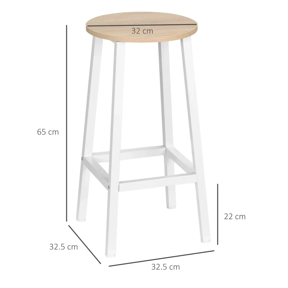 Easycomfort Set 2 Sgabelli da Cucina Truciolato e Acciaio con Piano Liscio e Poggiapiedi, 32.5x32.5x65 cm, Bianco e Legno