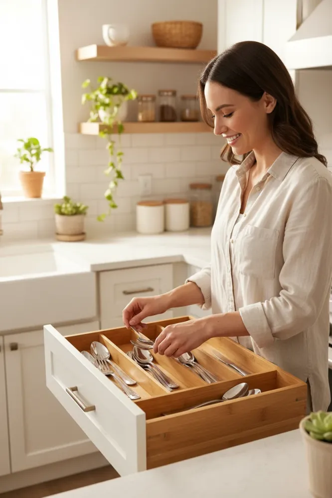 Portaposate Bambù Ecologico 5 Scomparti - Organizzatore Cassetto Cucina 36x26x5cm FERCASASHOP