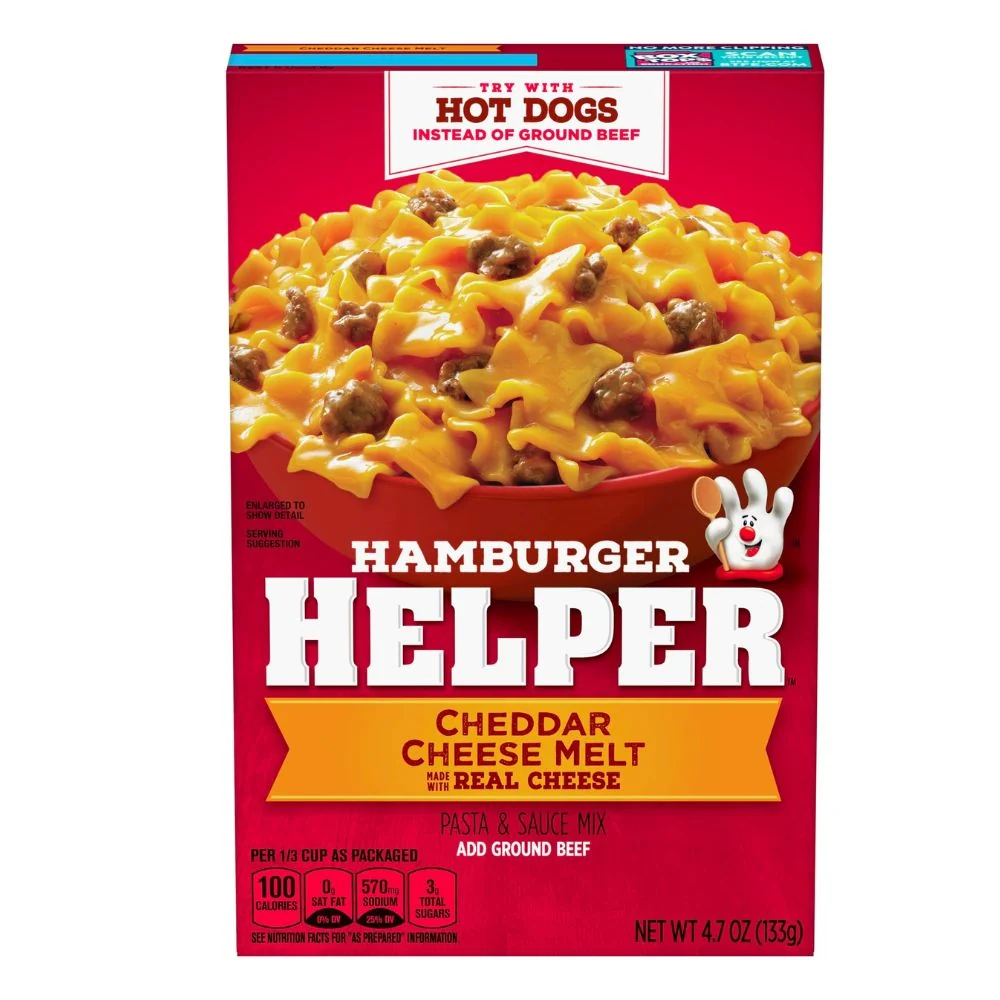 Hamburger Helper Cheddar Cheese Melts, pasta al formaggio e carne di manzo da 133g