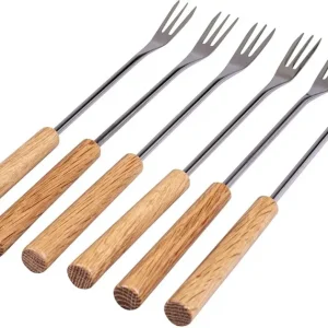 Kadastar Forchette per fonduta set da 6, 26 cm, acciaio inossidabile, manico quercia, marrone