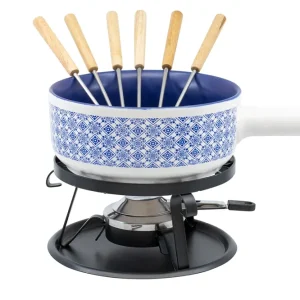 Kadastar Set per fonduta – Ø 22 cm, ceramica, per fonduta di formaggio, elettrico, blu/bianco, 6 persone, 9 pezzi