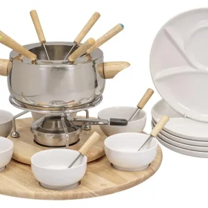 Kadastar Set per fonduta Claudia – Ø 38,5 cm, acciaio inossidabile/legno, per fonduta bourguignonne, induzione, 6 persone