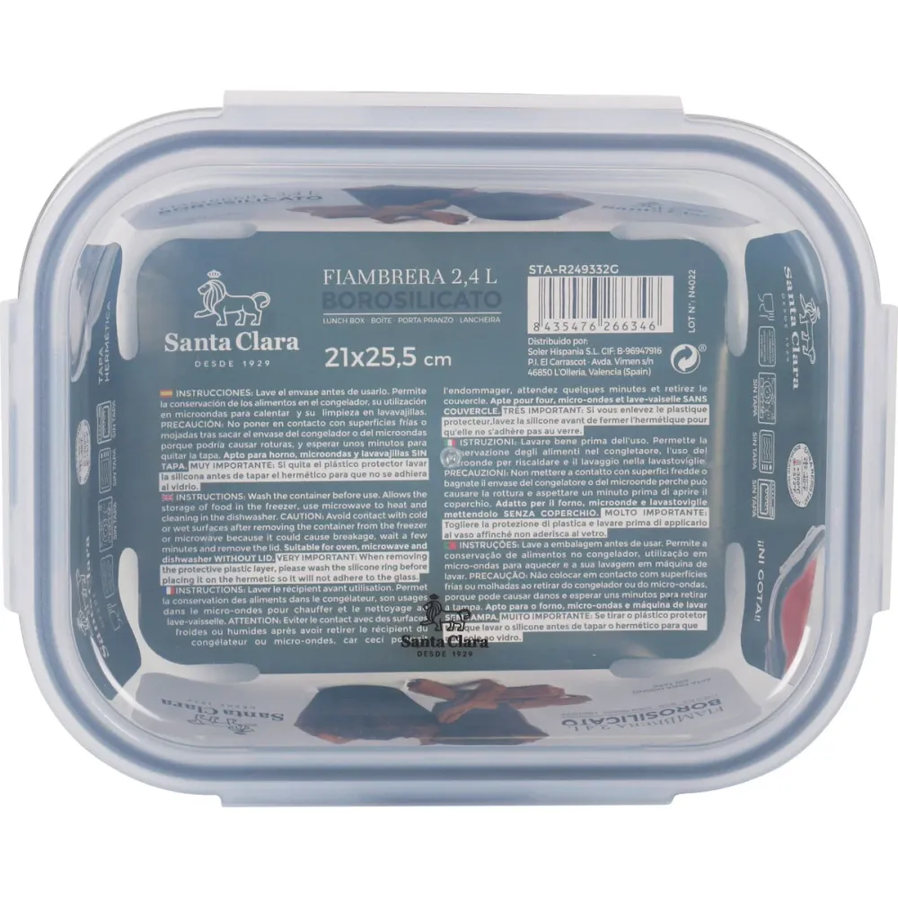 Lancheira Hermética Santa Clara Transparente Retangular 2,4 L (4 Unidades)
