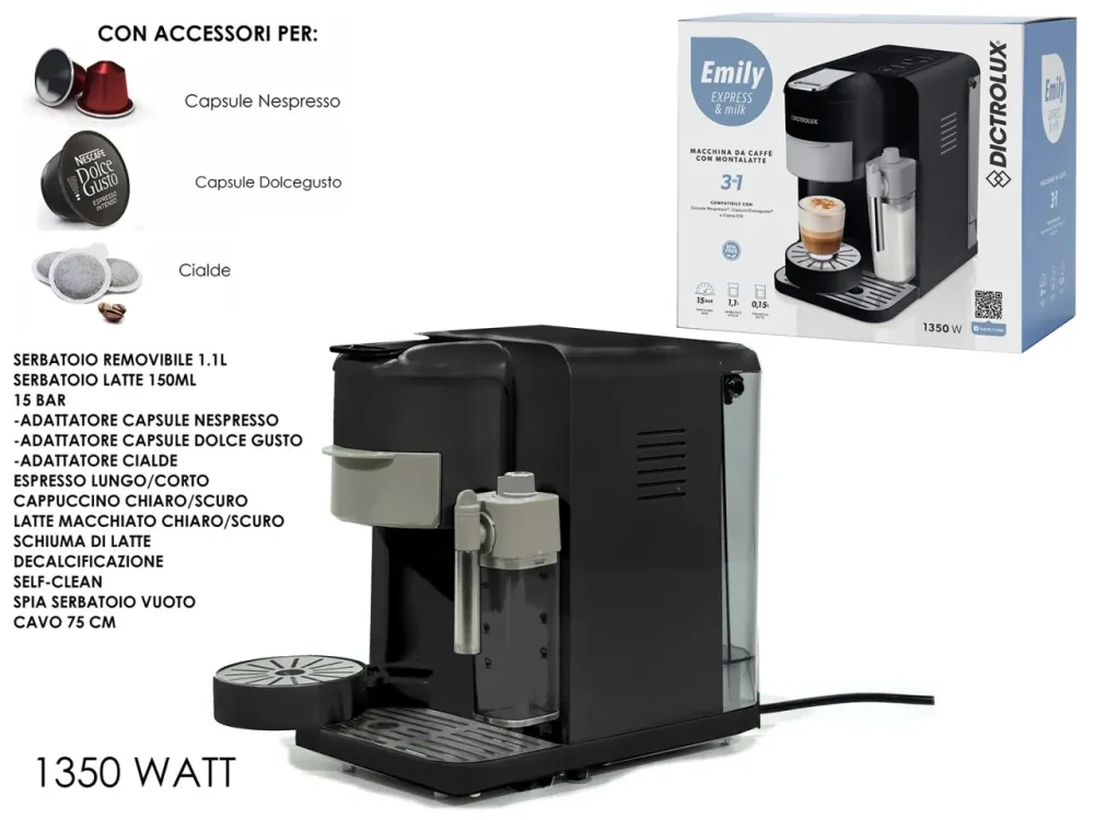 Macchina per il caffè 3in1 Emily Express&Milk nero con adattatori per capsule e cialde â Dictrolux