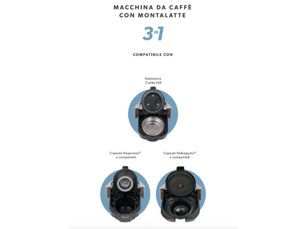 Macchina per il caffè 3in1 Emily Express&Milk nero con adattatori per capsule e cialde â Dictrolux