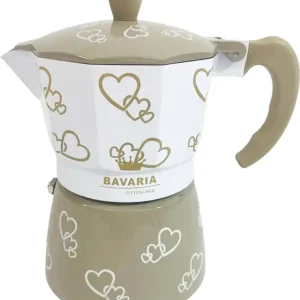 Moka Da Caffè 2 Tazze Bavaria My Love Bianca E Beige Fantasia Cuori Silhouette Caffettiera 2 Tazze Alluminio Cuore Di Piet...
