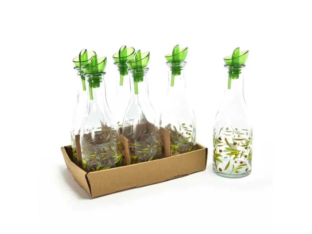 Oliera vetro decorata con foglie d'ulivo e tappo dosatore - 280 ml