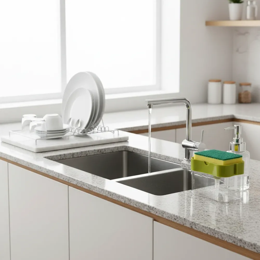 Dispenser Sapone Piatti 2 1 con Porta Spugna - Dosatore Detersivo 600ml - Organizer Lavello Cucina Perfetto