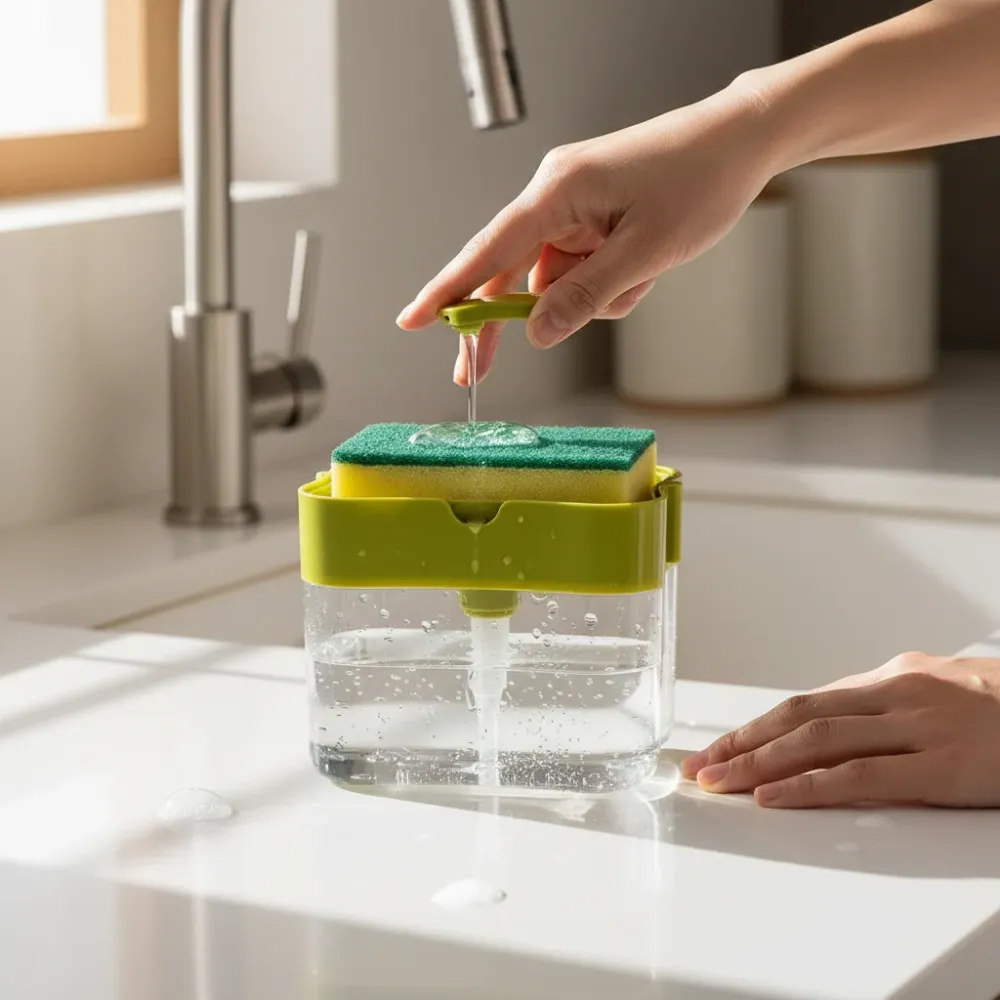 Dispenser Sapone Piatti 2 1 con Porta Spugna - Dosatore Detersivo 600ml - Organizer Lavello Cucina Perfetto