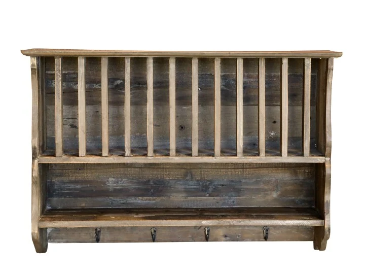 Piattaia con mensola e 4 ganci legno riciclato Chic Antique