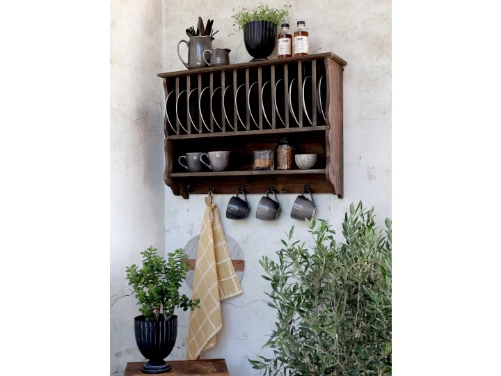 Piattaia con mensola e 4 ganci legno riciclato Chic Antique