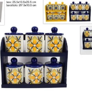 Set 6 Pz Barattoli Ceramica Decorata Fantasia Decoro Maiolica Con Espositore