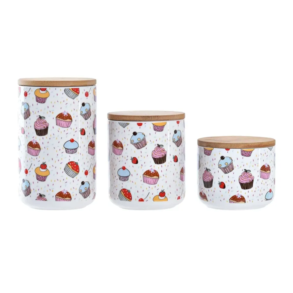 Set di 3 Barattoli DKD Home Decor Naturale Bianco Multicolore Bambù Gres Cupcake (3 Pezzi)