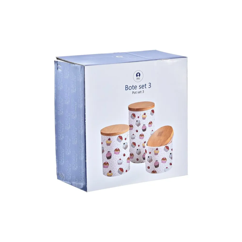 Set di 3 Barattoli DKD Home Decor Naturale Bianco Multicolore Bambù Gres Cupcake (3 Pezzi)
