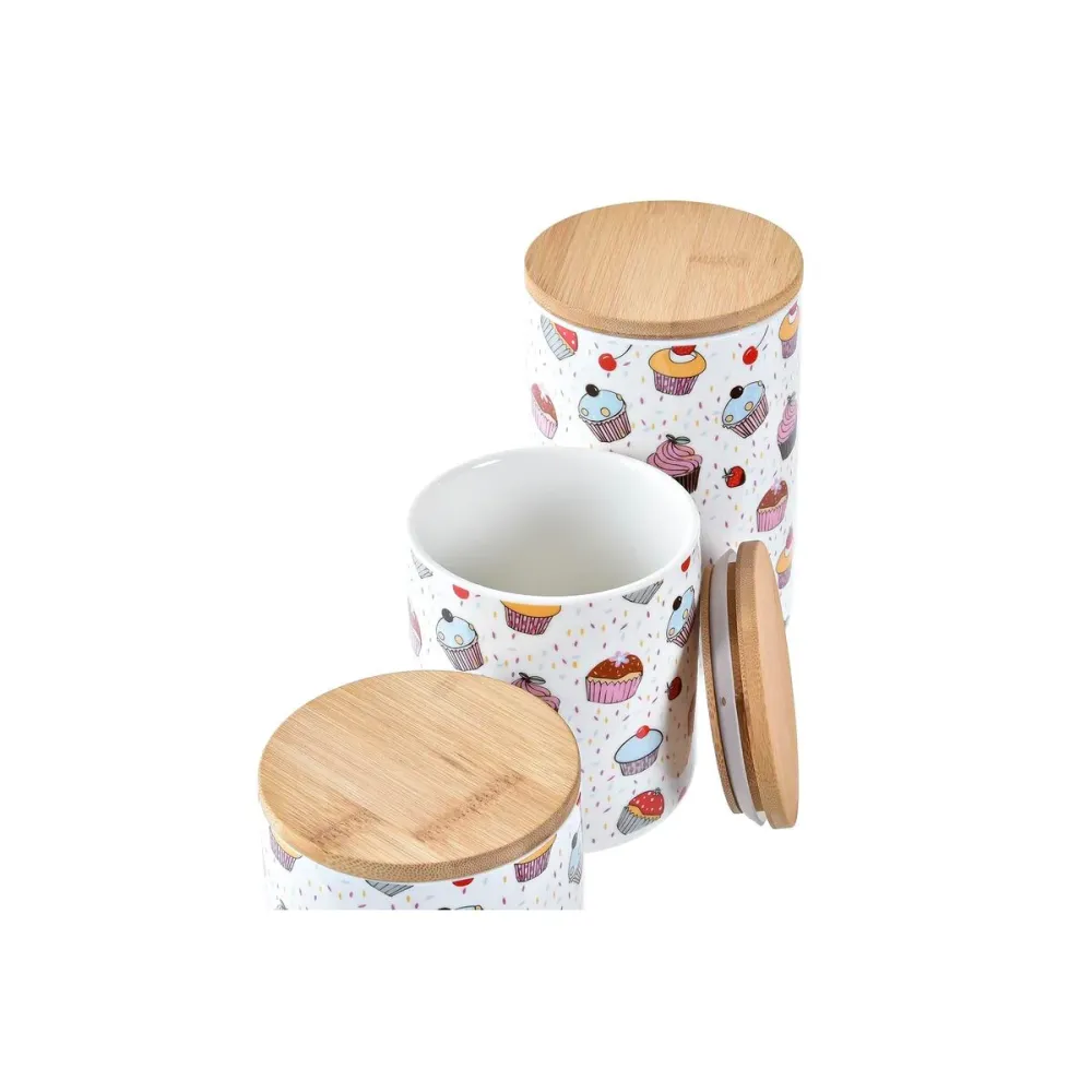 Set di 3 Barattoli DKD Home Decor Naturale Bianco Multicolore Bambù Gres Cupcake (3 Pezzi)
