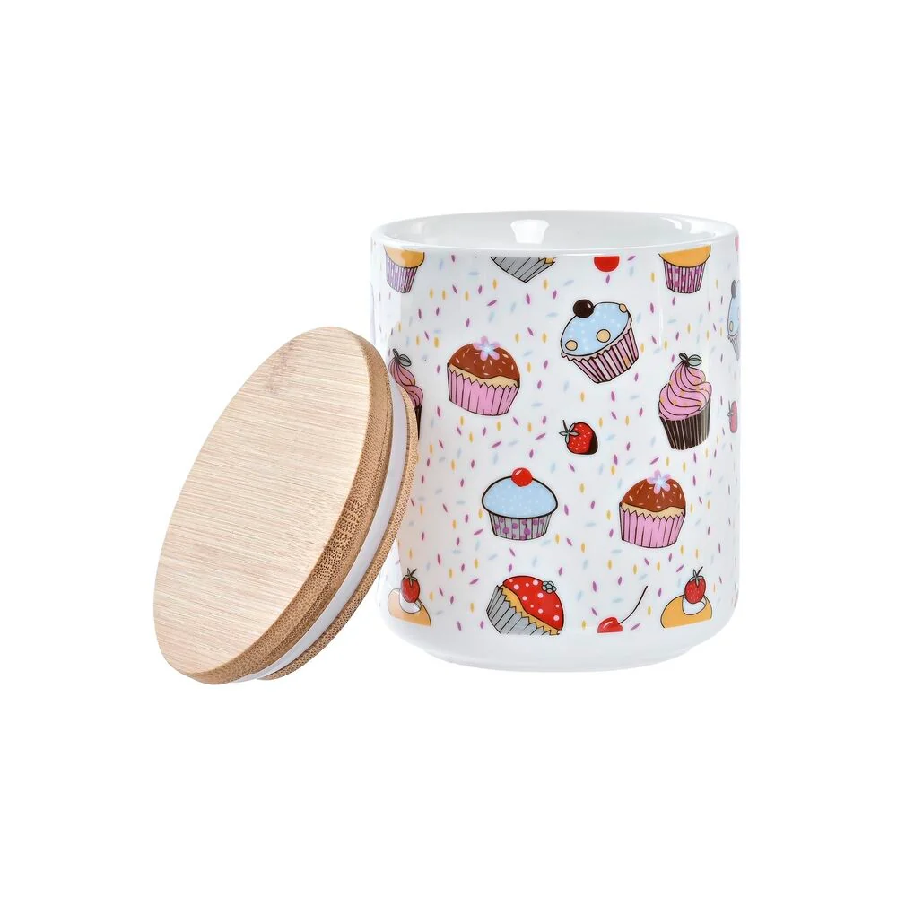 Set di 3 Barattoli DKD Home Decor Naturale Bianco Multicolore Bambù Gres Cupcake (3 Pezzi)