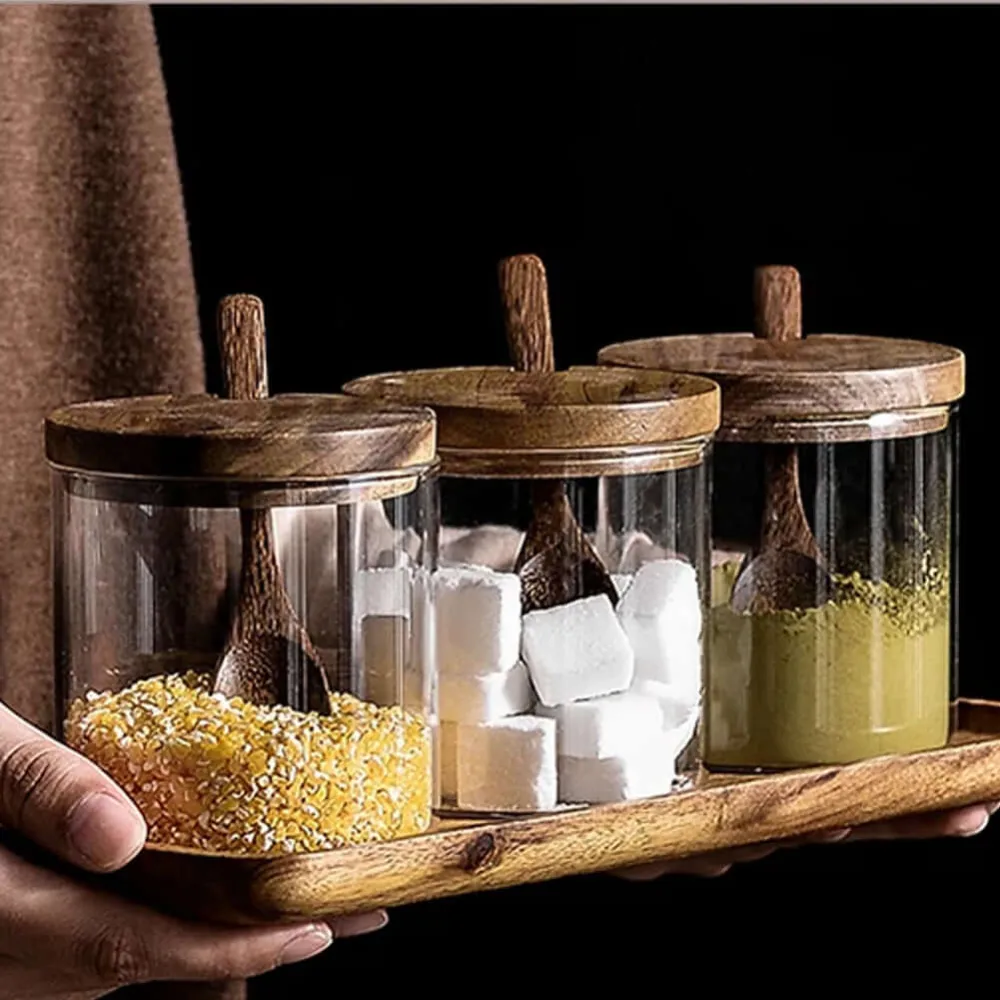 Set 3 Barattoli Sale Zucchero Caffè Vetro e Legno di Acacia Organizer Spezie