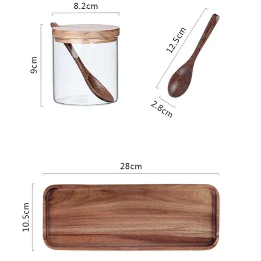 Set 3 Barattoli Sale Zucchero Caffè Vetro e Legno di Acacia Organizer Spezie