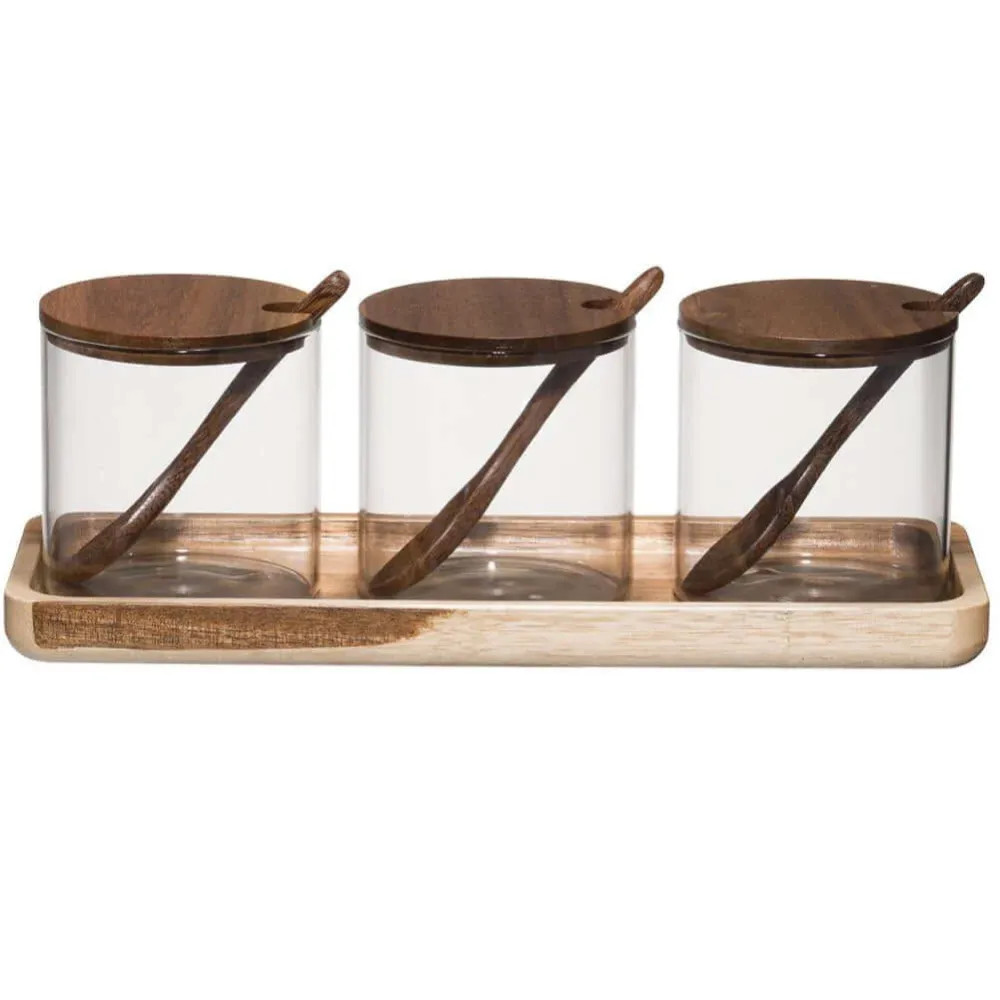 Set 3 Barattoli Sale Zucchero Caffè Vetro e Legno di Acacia Organizer Spezie