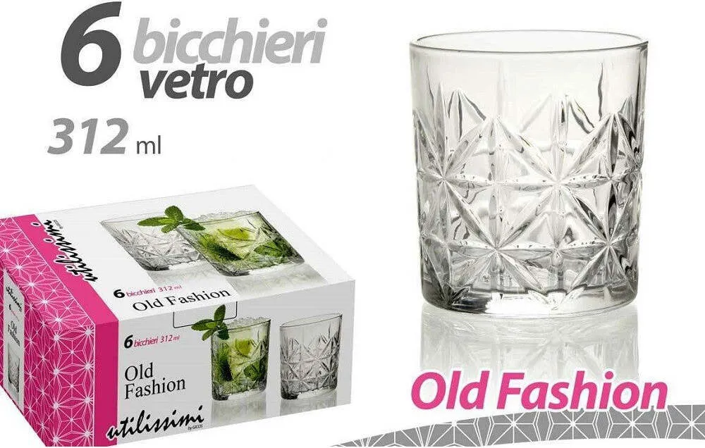 Set 6 Pz Bicchieri Decoro Old Fashion Vetro Trasparente Acqua Vino 312 Ml 791222